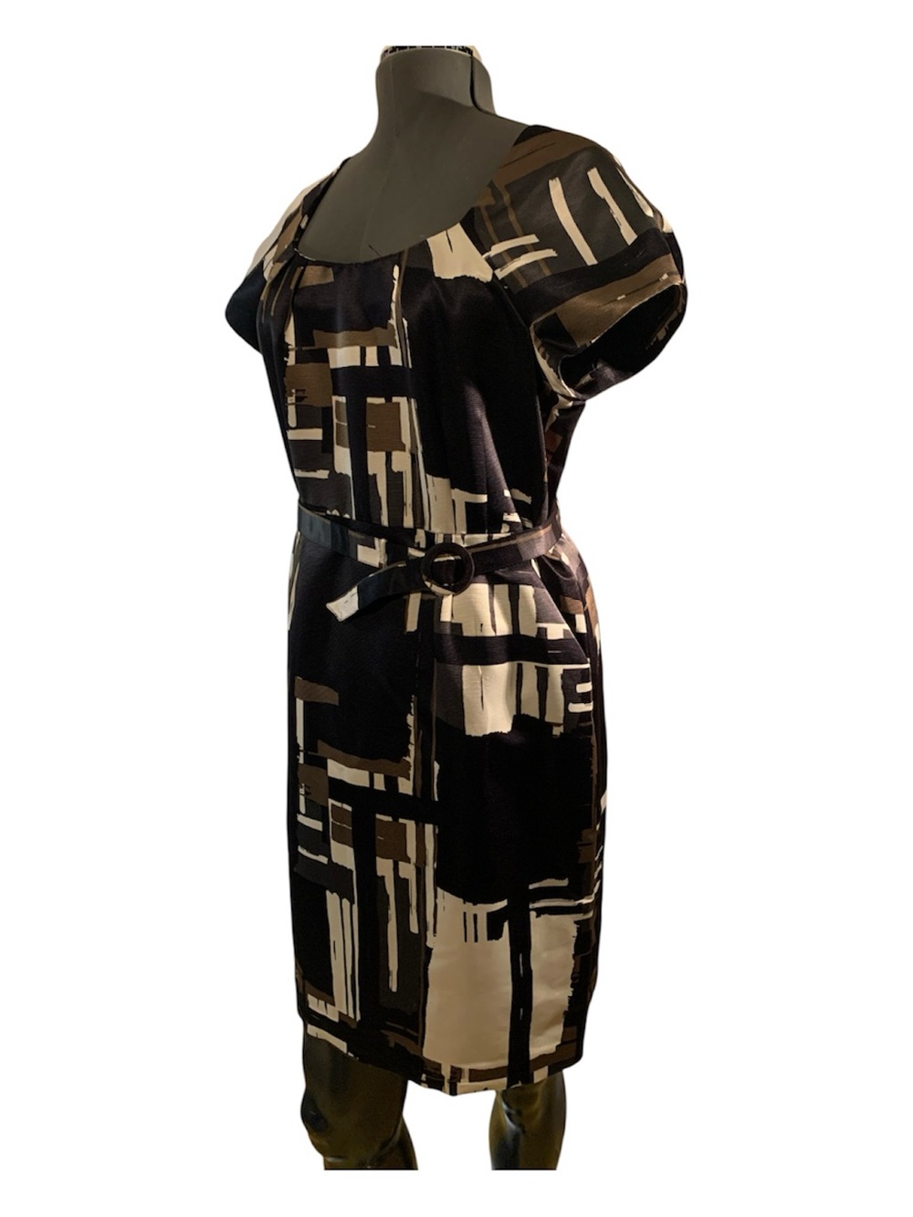 Apostrophe Black, Brown & Cream Abstract Belted Midi Dress